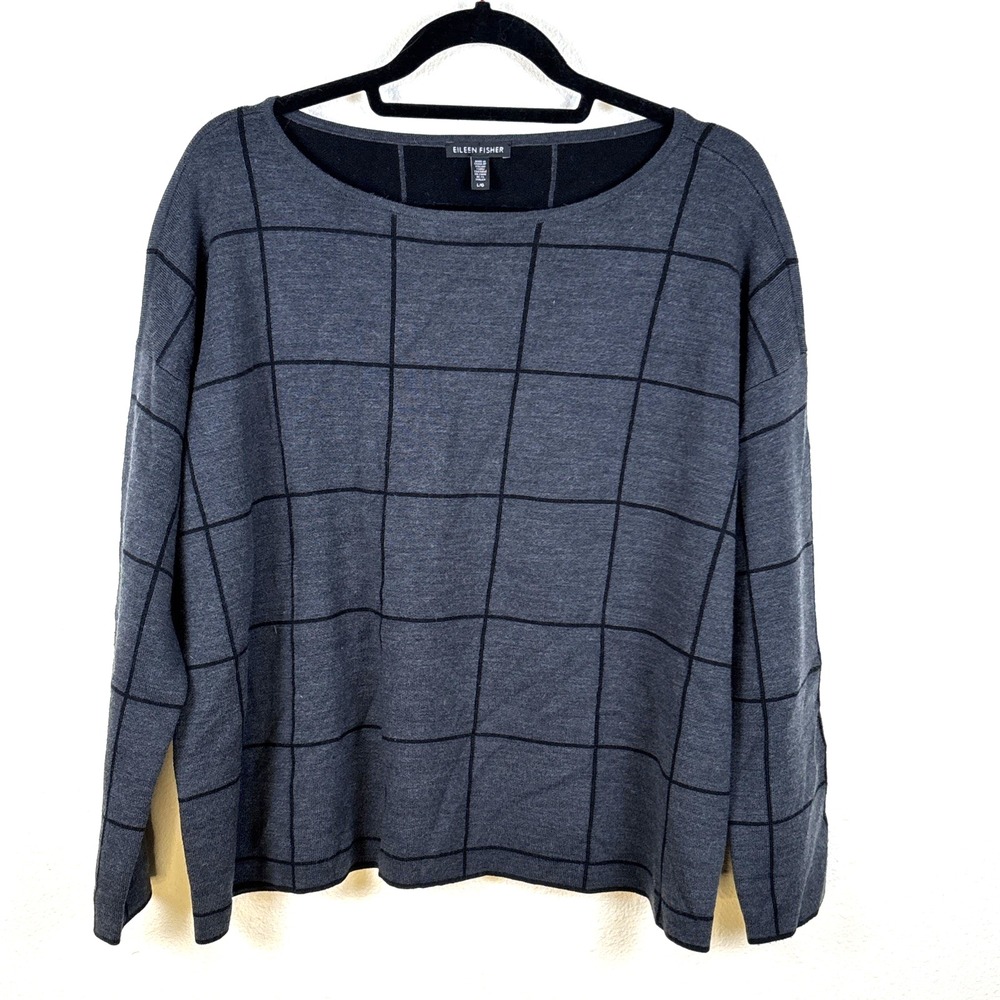 Eileen Fisher Sweater Italian Yarn Wool Blend Windowpane Plaid US L